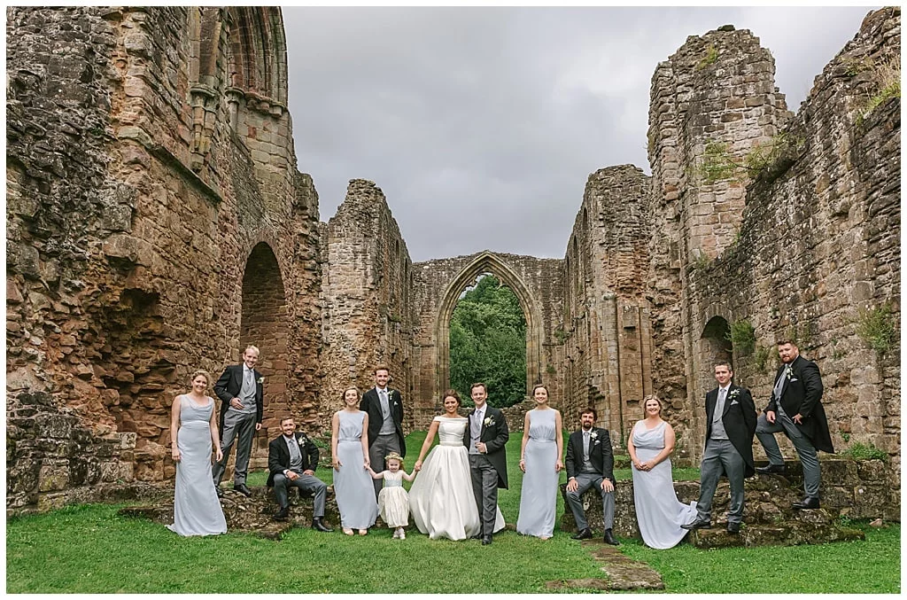 Modern Bridal party group photo at Lilleshall Abbey | Shropshire wedding photography
